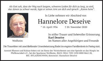 Todesanzeige von Hannelore Deseive von merkurtz
