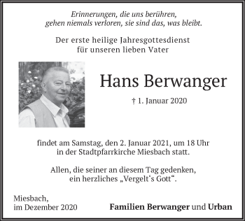 Todesanzeige von Hans Berwanger von merkurtz