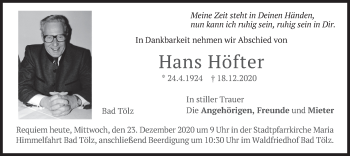 Todesanzeige von Hans Höfter von merkurtz