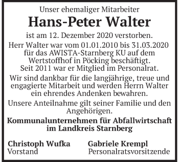 Todesanzeige von Hans-Peter Walter von merkurtz