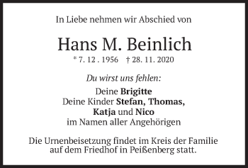 Todesanzeige von Hans M. Beinlich von merkurtz