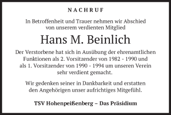 Todesanzeige von Hans M. Beinlich von merkurtz