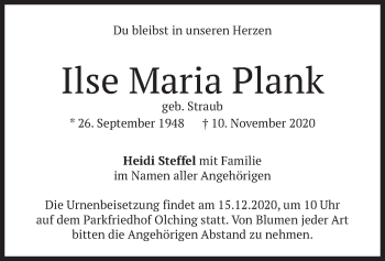 Todesanzeige von Ilse Maria Plank von merkurtz