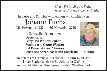 Todesanzeige von Johann Fuchs von merkurtz
