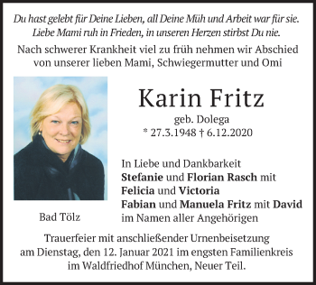 Todesanzeige von Karin Fritz von merkurtz