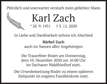 Todesanzeige von Karl Zach von merkurtz