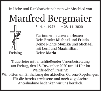 Todesanzeige von Manfred Bergmaier von merkurtz