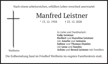 Todesanzeige von Manfred Leistner von merkurtz