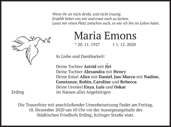 Todesanzeige von Maria Emons von merkurtz