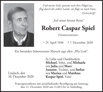 Todesanzeige von Robert Caspar Spiel von merkurtz