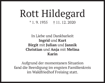 Todesanzeige von Rott Hildegard von merkurtz