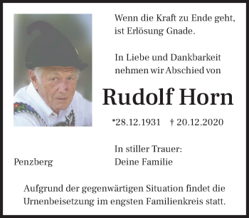 Todesanzeige von Rudolf Horn von Das Gelbe Blatt Penzberg