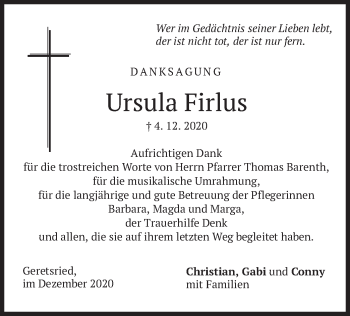 Todesanzeige von Ursula Firlus von merkurtz