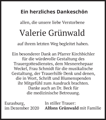 Todesanzeige von Valerie Grünwald von merkurtz