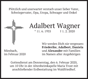 Todesanzeige von Adalbert Wagner von merkurtz