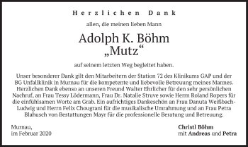 Todesanzeige von Adolph K. Böhm von merkurtz