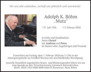 Todesanzeige von Adolph K. Böhm von merkurtz