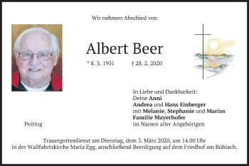 Todesanzeige von Albert Beer von merkurtz