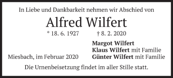 Todesanzeige von Alfred Wilfert von merkurtz