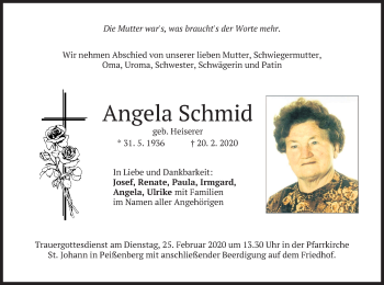 Todesanzeige von Angela Schmid von merkurtz