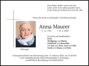 Todesanzeige von Anna Maurer von merkurtz