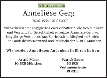 Todesanzeige von Anneliese Gerg von merkurtz