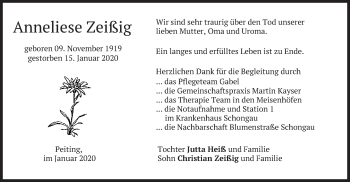 Todesanzeige von Anneliese Zeißig von merkurtz