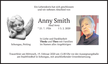 Todesanzeige von Anny Smith von merkurtz