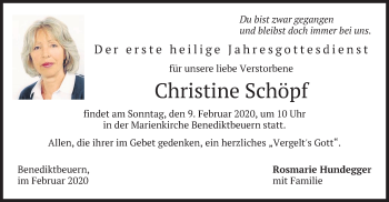 Todesanzeige von Christine Schöpf von merkurtz