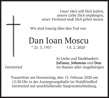 Todesanzeige von Dan Ioan Moscu von merkurtz