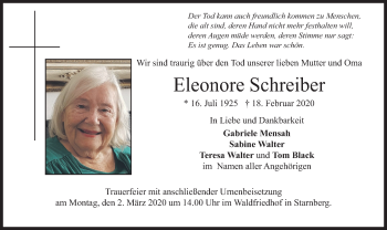 Todesanzeige von Eleonore Schreiber von merkurtz