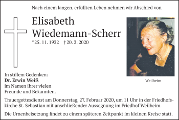 Todesanzeige von Elisabeth Wiedemann-Scherr von merkurtz