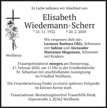 Todesanzeige von Elisabeth Wiedemann-Scherr von merkurtz