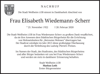 Todesanzeige von Elisabeth Wiedemann-Scherr von merkurtz
