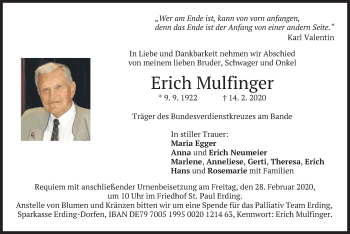 Todesanzeige von Erich Mulfinger von merkurtz