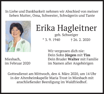 Todesanzeige von Erika Hagleitner von merkurtz