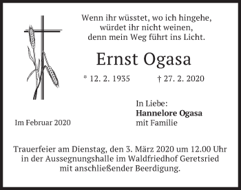 Todesanzeige von Ernst Ogasa von merkurtz