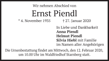 Todesanzeige von Ernst Piendl von merkurtz
