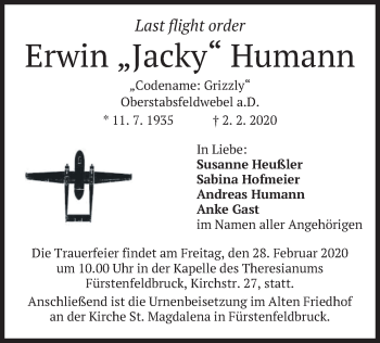 Todesanzeige von Erwin Humann von merkurtz
