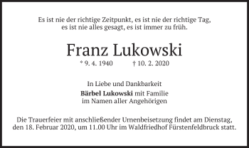 Todesanzeige von Franz Lukowski von merkurtz