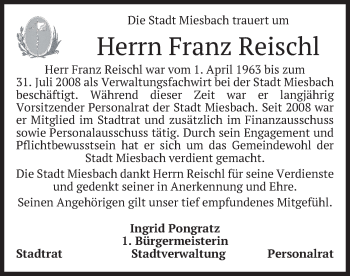 Todesanzeige von Franz Reischl von merkurtz