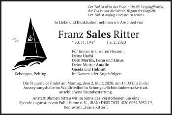 Todesanzeige von Franz Ritter von merkurtz