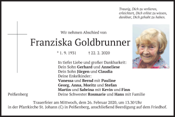 Todesanzeige von Franziska Goldbrunner von merkurtz