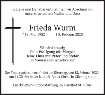 Todesanzeige von Frieda Wurm von merkurtz