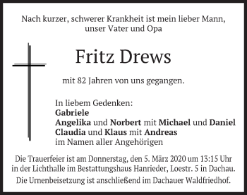 Todesanzeige von Fritz Drews von merkurtz