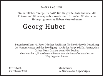 Todesanzeige von Georg Huber von merkurtz