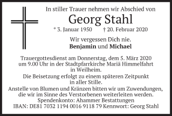 Todesanzeige von Georg Stahl von merkurtz