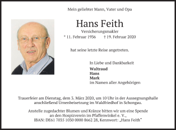 Todesanzeige von Hans Feith von merkurtz
