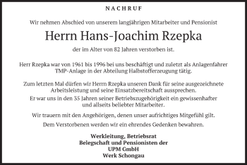 Todesanzeige von Hans-Joachim Rzepka von merkurtz