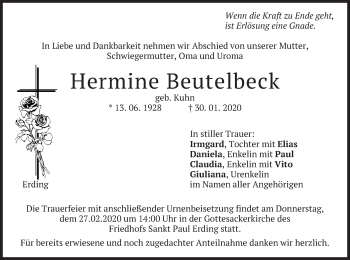 Todesanzeige von Hermine Beutelbeck von merkurtz